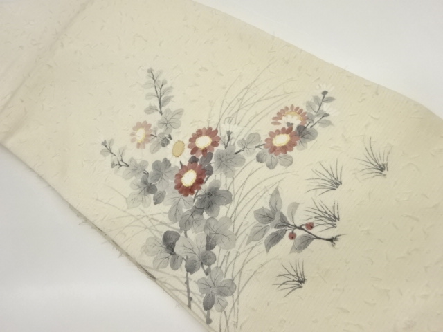 JAPANESE NAGOYA OBI / HIGE TSUMUGI / FLORAL PLANTS / ARTIST WORK